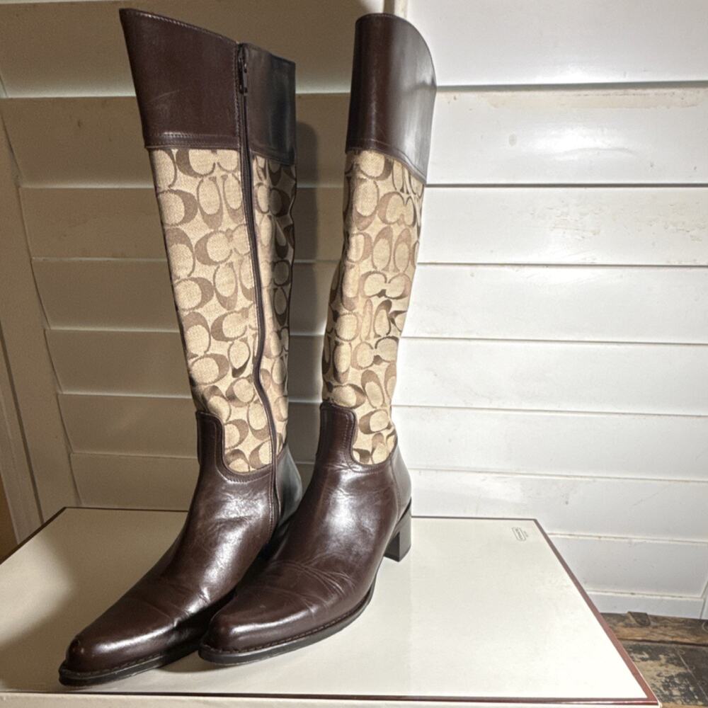 Coach Olivia G2 Signature Logo Knee High Riding Boot, Brown Beige, Almond Toe, …